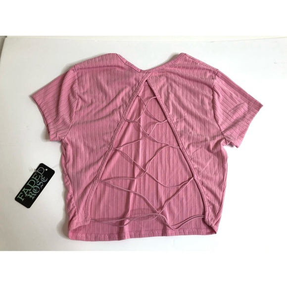 Rose Pink Short Sleeve Open Lace Up Back Top - Picture 3 of 5